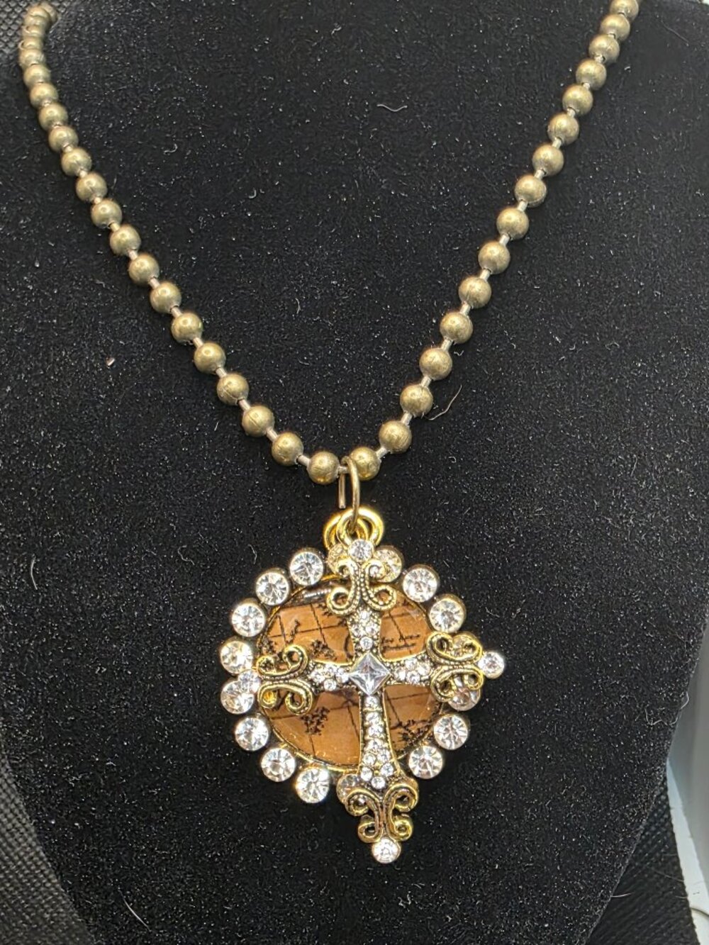 Monarch Inspirations Vintage Map & Rhinestone Cross Charm Necklace 23.5"